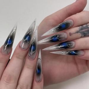 imageBABALAL Long Stiletto Press on Nails Almond Fake Nails Black Goth Acrylic Nails Supplies Blue Butterfly Y2k Glue on Nails Art 24Pcs Glossy Manicure Artificial Nails Full Cover False NailsBND102