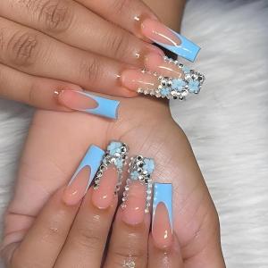 imageBABALAL Long Stiletto Press on Nails Almond Fake Nails Black Goth Acrylic Nails Supplies Blue Butterfly Y2k Glue on Nails Art 24Pcs Glossy Manicure Artificial Nails Full Cover False NailsBND119