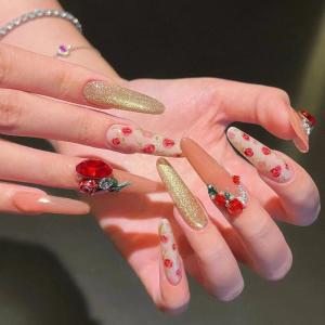 imageBABALAL Long Stiletto Press on Nails Almond Fake Nails Flower Glue on Nails Acrylic Nails with Charm Rose Luxury False Nails 24Pcs Gold Glitter Bling Full Cover Artificial Nails for Women GirlsBNF04