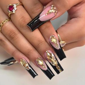 imageBABALAL Long Stiletto Press on Nails Almond Fake Nails Flower Glue on Nails Acrylic Nails with Charm Rose Luxury False Nails 24Pcs Gold Glitter Bling Full Cover Artificial Nails for Women GirlsBNF13