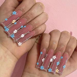 imageBABALAL Long Stiletto Press on Nails Almond Fake Nails Flower Glue on Nails Acrylic Nails with Charm Rose Luxury False Nails 24Pcs Gold Glitter Bling Full Cover Artificial Nails for Women GirlsBNF11blue