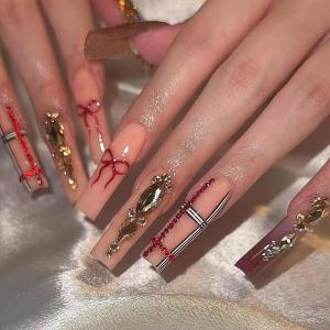imageBABALAL Long Stiletto Press on Nails Almond Fake Nails Flower Glue on Nails Acrylic Nails with Charm Rose Luxury False Nails 24Pcs Gold Glitter Bling Full Cover Artificial Nails for Women GirlsBNF02