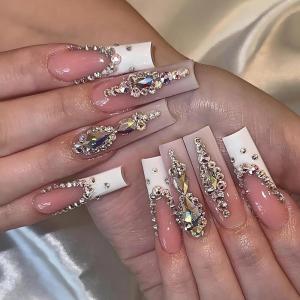 imageBABALAL Long Stiletto Press on Nails Almond Fake Nails Flower Glue on Nails Acrylic Nails with Charm Rose Luxury False Nails 24Pcs Gold Glitter Bling Full Cover Artificial Nails for Women GirlsBNF08