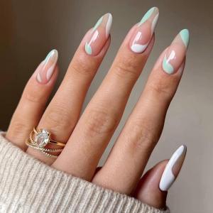 imageBABALAL Oval Press on Nails Short Fake Nails White French Tip Glue on Nails Blue Flower Acrylic Nails 24Pcs Spring Round Nails for Women and GirlsFNL110green