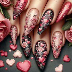 imageBABALAL Press on Nails Medium Almond Fake Nails Pink French Tip Glue on Nails Heart Acrylic Nails Valentine Day Romantic Stick on Nails 24Pcs Glossy Manicure Stick on Nails Stiletto Artificial NailsANW01
