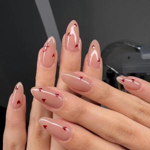 imageBABALAL Press on Nails Medium Almond Fake Nails Pink French Tip Glue on Nails Heart Acrylic Nails Valentine Day Romantic Stick on Nails 24Pcs Glossy Manicure Stick on Nails Stiletto Artificial NailsANW15