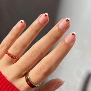 imageBABALAL Press on Nails Medium Almond Fake Nails Pink French Tip Glue on Nails Heart Acrylic Nails Valentine Day Romantic Stick on Nails 24Pcs Glossy Manicure Stick on Nails Stiletto Artificial NailsANW11