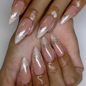 imageBABALAL Press on Nails Medium Almond Fake Nails Pink French Tip Glue on Nails Heart Acrylic Nails Valentine Day Romantic Stick on Nails 24Pcs Glossy Manicure Stick on Nails Stiletto Artificial NailsANW12