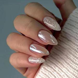 imageBABALAL Press on Nails Medium Almond Fake Nails Pink French Tip Glue on Nails Heart Acrylic Nails Valentine Day Romantic Stick on Nails 24Pcs Glossy Manicure Stick on Nails Stiletto Artificial NailsANW16