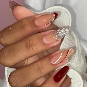 imageBABALAL Press on Nails Medium Almond Fake Nails Pink French Tip Glue on Nails Heart Acrylic Nails Valentine Day Romantic Stick on Nails 24Pcs Glossy Manicure Stick on Nails Stiletto Artificial NailsANW04