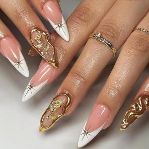 imageBABALAL Press on Nails Medium Almond Fake Nails Pink French Tip Glue on Nails Heart Acrylic Nails Valentine Day Romantic Stick on Nails 24Pcs Glossy Manicure Stick on Nails Stiletto Artificial NailsANW03