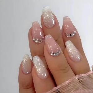 imageBABALAL Press on Nails Short Oval Fake Nails Purple Lavender Fench Tip Glue on Nails Lilac Acrylic Nails Cute Trendy False Nails 24Pcs Glossy Round Full Cover Artificial Nails for Women GirlsBNG07