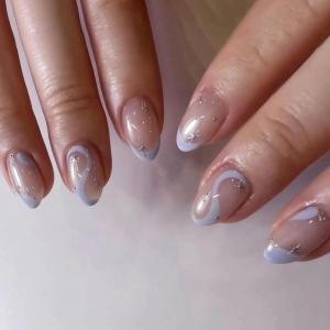 imageBABALAL Press on Nails Short Oval Fake Nails Purple Lavender Fench Tip Glue on Nails Lilac Acrylic Nails Cute Trendy False Nails 24Pcs Glossy Round Full Cover Artificial Nails for Women GirlsBNG11