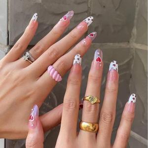 imageBABALAL Round Press on Nails Long Fake Nails Oval Glossy Acrylic Nails Pink Glue on Nails 24Pcs Heart Stick on Nails for Women and Girls
