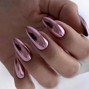 imageBABALAL Round Press on Nails Medium Fake Nails Brown Fall Ombre Glue on Nails Golden Mirror Chrome Acrylic Nails 24Pcs Oval Stick on Manicure Nails for Women and GirlsFNs107