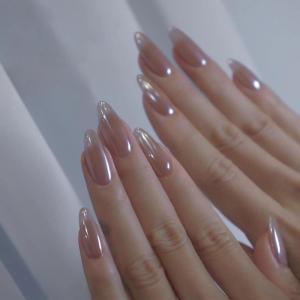 imageBABALAL Round Press on Nails Medium Fake Nails Brown Fall Ombre Glue on Nails Golden Mirror Chrome Acrylic Nails 24Pcs Oval Stick on Manicure Nails for Women and GirlsFNs102