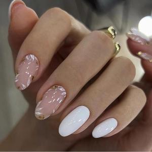 imageBABALAL Round Press on Nails Medium Fake Nails Brown Fall Ombre Glue on Nails Golden Mirror Chrome Acrylic Nails 24Pcs Oval Stick on Manicure Nails for Women and GirlsFNs110