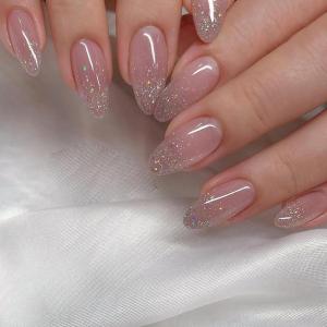 imageBABALAL Round Press on Nails Medium Fake Nails Pink Glossy Glue on Nails Glitter Acrylic Nails Oval Stick on Nails for WomenCRJH01pink
