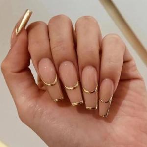 imageBABALAL Round Press on Nails Medium Fake Nails Pink Glossy Glue on Nails Glitter Acrylic Nails Oval Stick on Nails for WomenCRJH02golden