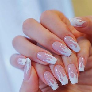 imageBABALAL Round Press on Nails Medium Fake Nails Pink Glossy Glue on Nails Glitter Acrylic Nails Oval Stick on Nails for WomenCRJH03flame