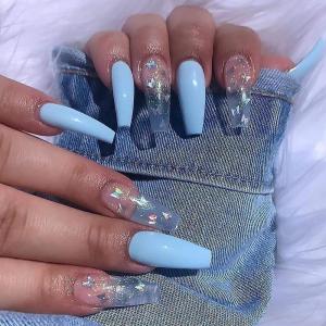 imageBABALAL Round Press on Nails Medium Fake Nails Pink Glossy Glue on Nails Glitter Acrylic Nails Oval Stick on Nails for WomenCRJH04blue