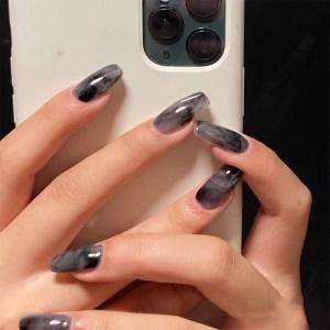imageBABALAL Round Press on Nails Medium Fake Nails Pink Glossy Glue on Nails Glitter Acrylic Nails Oval Stick on Nails for WomenCRJH05black