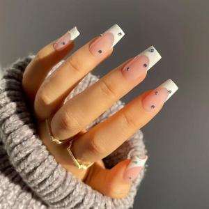 imageBABALAL Round Press on Nails Medium Fake Nails Pink Glossy Glue on Nails Glitter Acrylic Nails Oval Stick on Nails for WomenCRJH06white