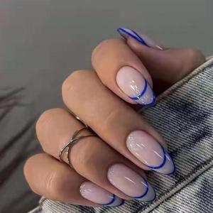imageBABALAL Round Press on Nails Medium Fake Nails Pink Glossy Glue on Nails Glitter Acrylic Nails Oval Stick on Nails for WomenCRJH07blue