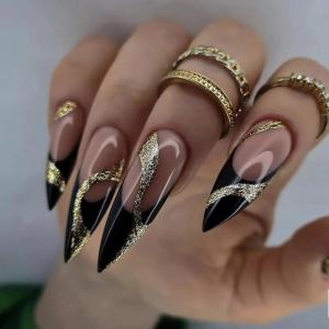 imageBABALAL Round Press on Nails Medium Fake Nails Pink Glossy Glue on Nails Glitter Acrylic Nails Oval Stick on Nails for WomenCRJH08black