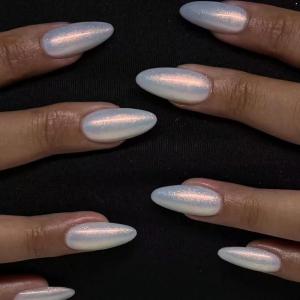 imageBABALAL Round Press on Nails Medium Fake Nails Pink Glossy Glue on Nails Glitter Acrylic Nails Oval Stick on Nails for WomenCRJH08white
