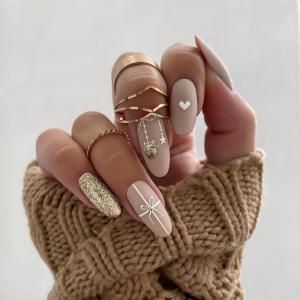 imageBABALAL Round Press on Nails Medium Fake Nails Pink Glossy Glue on Nails Glitter Acrylic Nails Oval Stick on Nails for WomenCRJH10glitter