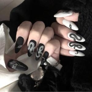 imageBABALAL Round Press on Nails Medium Fake Nails Pink Glossy Glue on Nails Glitter Acrylic Nails Oval Stick on Nails for WomenCRJH12black