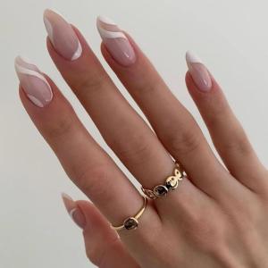 imageBABALAL Round Press on Nails Medium Fake Nails Pink Glossy Glue on Nails Glitter Acrylic Nails Oval Stick on Nails for WomenCRJH18white