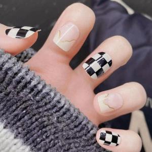 imageBABALAL Short Press on Nails Square Fake Nails Squoval Nails Glossy False Nails Checkerboard Design Nails for Women and Girls