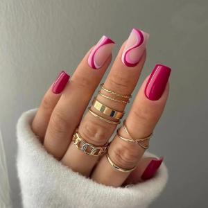 imageBABALAL Square Press on Nails Medium Fake Nails Red Glue on Nails Ballerina Swirl Acrylic Nails 24Pcs Stick on Nails for Women and GirlsNAILS041