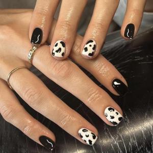 imageBABALAL Square Presson Short Cow Print Nails  24Pcs Cute Squoval Fake Glossy Black Acrylic Nails for Women and GirlsP101black