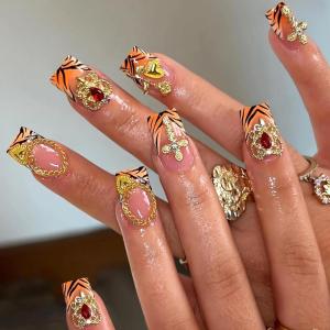 imageBABALAL Square Presson Short Cow Print Nails  24Pcs Cute Squoval Fake Glossy Black Acrylic Nails for Women and GirlsP101orange
