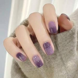 imageBABALAL Square Presson Short Cow Print Nails  24Pcs Cute Squoval Fake Glossy Black Acrylic Nails for Women and GirlsP102purple