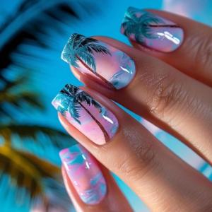 imageBABALAL Square Presson Short Cow Print Nails  24Pcs Cute Squoval Fake Glossy Black Acrylic Nails for Women and GirlsP103beach