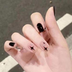 imageBABALAL Square Presson Short Cow Print Nails  24Pcs Cute Squoval Fake Glossy Black Acrylic Nails for Women and GirlsP104black