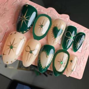 imageBABALAL Square Presson Short Cow Print Nails  24Pcs Cute Squoval Fake Glossy Black Acrylic Nails for Women and GirlsP104green