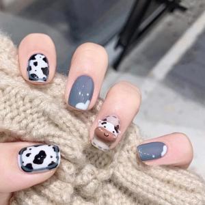 imageBABALAL Square Presson Short Cow Print Nails  24Pcs Cute Squoval Fake Glossy Black Acrylic Nails for Women and GirlsP105blue