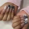 imageBABALAL Press on Nails Long Coffin Fake Nails Blue French Tip Glue on Nails 3d Texture Flower Design Coquette Acrylic Nails 24Pcs Ballerina Handmade Stick on False NailsANK207