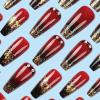 imageBABALAL Press on Nails Long Coffin Fake Nails Dark Red Black Glue on Nails Gold Glitter Bling Acrylic Nails 24Pcs Burgundy False Nails Ballerina Glossy Manicure Stick on Nails