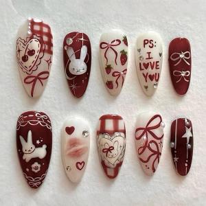 imageBABALAL Almond Press on Nails Medium Fake Nails White French Glue on Nails Black Star Rhinestones Acrylic Nails 24Pcs Stiletto False Nails for Women and GirlsFNf402rabbit