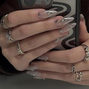 imageBABALAL Almond Press on Nails Medium Fake Nails White French Glue on Nails Black Star Rhinestones Acrylic Nails 24Pcs Stiletto False Nails for Women and GirlsFNf401