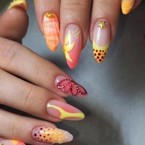 imageBABALAL Almond Press on Nails Medium Fake Nails White French Glue on Nails Black Star Rhinestones Acrylic Nails 24Pcs Stiletto False Nails for Women and GirlsFNf406orange