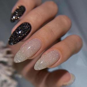 imageBABALAL Almond Press on Nails Medium Fake Nails White French Glue on Nails Black Star Rhinestones Acrylic Nails 24Pcs Stiletto False Nails for Women and GirlsFNf414