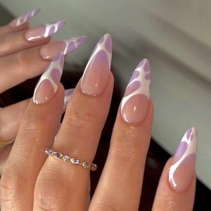imageBABALAL Almond Press on Nails Medium Fake Nails White French Glue on Nails Black Star Rhinestones Acrylic Nails 24Pcs Stiletto False Nails for Women and GirlsFNf406