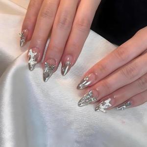 imageBABALAL Almond Press on Nails Medium Fake Nails White French Glue on Nails Black Star Rhinestones Acrylic Nails 24Pcs Stiletto False Nails for Women and GirlsFNf405sliver